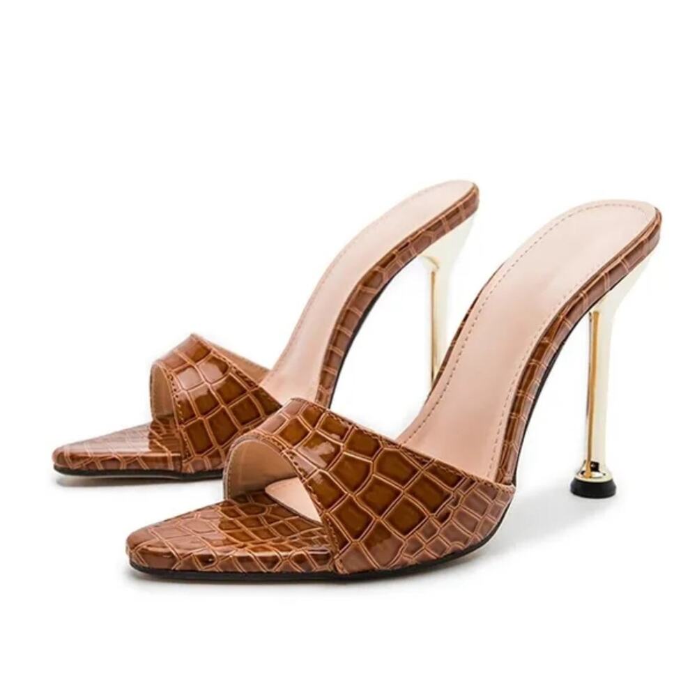 croc embossed high heel pointed open toe mule